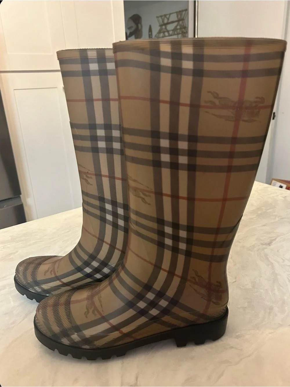 Burberry Beige Plaid Rubber Rain Boots